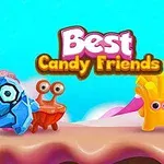 Färgglada figurer i olika former med ögon står på en rosa yta med texten Best Candy Friends ovanför