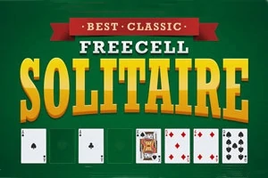 Grön bakgrund med texten Best Classic Freecell Solitaire i stora bokstäver, samt spelkort i olika färger och valörer