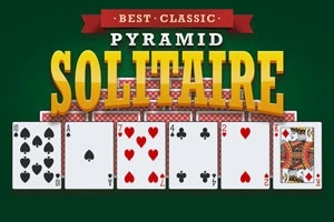 Texten Best Classic Pyramid Solitaire ovanför en rad spelkort med olika valörer mot en grön bakgrund