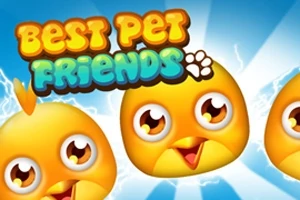 Gula tecknade kycklingar med stora ögon och en färgglad text med orden Best Pet Friends mot en blå bakgrund