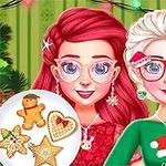 Två tecknade figurer med glasögon och juldekorationer, som står framför en julgran och håller i en tallrik med dekorerade kakor