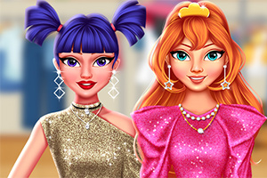 Två animerade kvinnor klädda i glittrande toppar med fina smycken och färgglada frisyrer