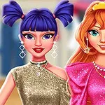 Två animerade kvinnor klädda i glittrande toppar med fina smycken och färgglada frisyrer