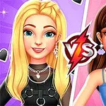 Två animerade kvinnliga karaktärer står sida vid sida, en med blont hår och svarta kläder på vänster sida och en med brunt hår och blå kläder på höger sida, med en VS-symbol i mitten