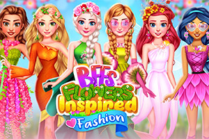 Fem animerade kvinnor klädda i klänningar inspirerade av blommor, omgivna av färgglada blommor och texten BFFs Flowers Inspired Fashion i mitten
