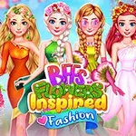 Fem animerade kvinnor klädda i klänningar inspirerade av blommor, omgivna av färgglada blommor och texten BFFs Flowers Inspired Fashion i mitten