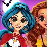Två tecknade figurer med halloween-tema, iklädda färgglada kostymer och smycken, framför en lila bakgrund med spindelnät och fladdermöss