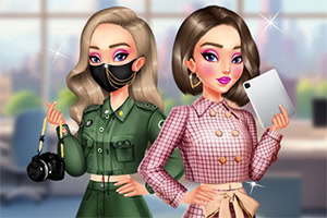 Två stiliga animerade figurer, en i gröna kläder med kamera och ansiktsmask, den andra i rosa rutig outfit med en surfplatta, står framför ett oskärpt kontorsfönster