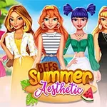 Flera tecknade karaktärer i sommarkläder på en strand med texten BFFs Summer Aesthetic i förgrunden