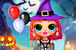 En tecknad figur i häxdräkt med lila hatt håller ballonger, mot en bakgrund med halloween-tema
