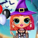 En tecknad figur i häxdräkt med lila hatt håller ballonger, mot en bakgrund med halloween-tema