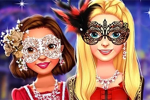 Två figurer i fina klänningar och intrikata masker deltar i en maskeradbal