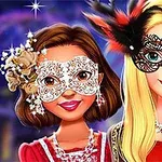 Två figurer i fina klänningar och intrikata masker deltar i en maskeradbal