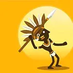 En tecknad figur med fjäderprydd huvudbonad och spjut mot en gul bakgrund