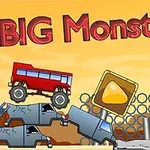 Röd monstertruck kör över ruiner av bilar framför ett solnedgångslandskap med texten BIG Monsters!