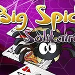 Tecknad spindel med ögon och spelkort på en lila bakgrund med spindelvävsmönster