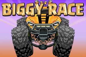 Ett stort monstertruckfordon med grova däck och texten BIGGY RACE ovanför mot en färgglad bakgrund