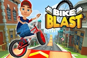 Animerad karaktär som cyklar genom en stad med färgglada byggnader och ramper, texten Bike Blast syns i bakgrunden