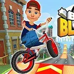 Animerad karaktär som cyklar genom en stad med färgglada byggnader och ramper, texten Bike Blast syns i bakgrunden