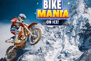 En motorcyklist i skyddsutrustning kör uppför en isig bergssida med ett stort berg i bakgrunden, och texten Bike Mania On Ice!