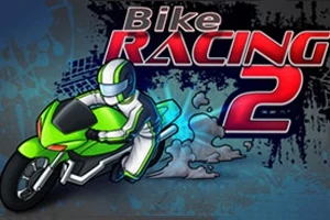 En tecknad motorcyklist i grön och vit dräkt kör en grön motorcykel framför texten Bike Racing 2 mot en mörk bakgrund