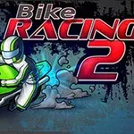 En tecknad motorcyklist i grön och vit dräkt kör en grön motorcykel framför texten Bike Racing 2 mot en mörk bakgrund