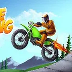 Motorcyklist i orange dräkt hoppar med grön motorcykel mot en bergig bakgrund under klarblå himmel med texten Bike Racing