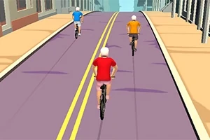 Tre animerade cyklister i färgglada tröjor cyklar på en gata med dubbla gula mittlinjer