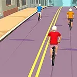 Tre animerade cyklister i färgglada tröjor cyklar på en gata med dubbla gula mittlinjer