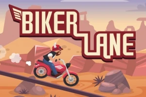 En tecknad motorcyklist med röd hjälm kör genom ett ökenlandskap med texten Biker Lane i bakgrunden