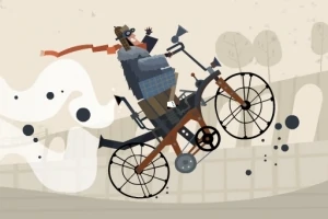Man klädd i grått flyger genom luften på en cykel med stora hjul och bär en röd scarf