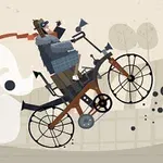 Man klädd i grått flyger genom luften på en cykel med stora hjul och bär en röd scarf