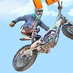 En motorcyklist utför ett trick i luften på en terrängmotorcykel mot en blå himmel