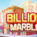 Skylt med texten Billion Marble mot en färgglad stadsmiljö med tärningar i luften