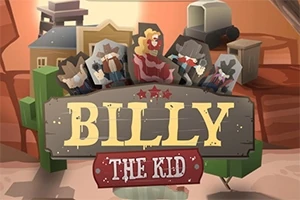 Skylt med texten Billy the Kid framför en tecknad westernmiljö med figurer i bakgrunden