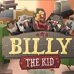 Skylt med texten Billy the Kid framför en tecknad westernmiljö med figurer i bakgrunden