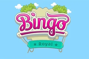 Färgglad text där det står Bingo Royal omgiven av gröna buskar och små moln på en blå bakgrund