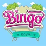 Färgglad text där det står Bingo Royal omgiven av gröna buskar och små moln på en blå bakgrund