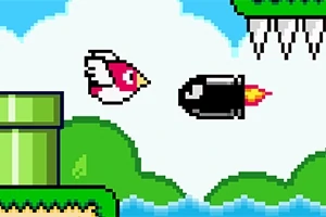 Ett pixelerat landskap med en flygande fågel och en projektil i mitten av bilden, samt en grön rörstruktur och taggiga hinder mot en blå himmel