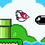 Ett pixelerat landskap med en flygande fågel och en projektil i mitten av bilden, samt en grön rörstruktur och taggiga hinder mot en blå himmel