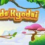 Tecknade fåglar på en gren i en färgglad skogsmiljö med en stiliserad titel ovanför