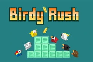 Flera färgglada, kubiska fåglar kring en stapel med gröna lådor på en blå bakgrund med texten Birdy Rush ovanför