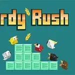 Flera färgglada, kubiska fåglar kring en stapel med gröna lådor på en blå bakgrund med texten Birdy Rush ovanför