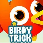Tecknad orange fågel med stora ögon och texten BIRDY TRICK på ljusbakgrund