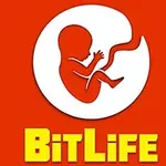 Ett orange och vitt logo med en fosterbild inuti en cirkel och texten BitLife i gula bokstäver nederst