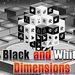 Svartvita kuber med ikoner och symboler bildar en 3D-struktur mot en bakgrund av ruta mönster, med texten Black and White Dimensions