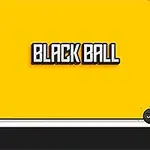 Svart boll med ansikte på en svart och vit linje mot gul bakgrund med texten BLACK BALL