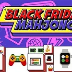 Färgglad illustration med texten Black Friday Mahjong och bilder av olika teknik- och shoppingrelaterade objekt som spelkontroller och smartklockor