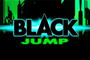 Texten Black Jump med neongröna och svarta bokstäver på en bakgrund med silhuetter av byggnader