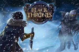 En person med pälsjacka och kniv står mot en skelettliknande varelse i en snöstorm med en skylt ovanför som säger Black Thrones